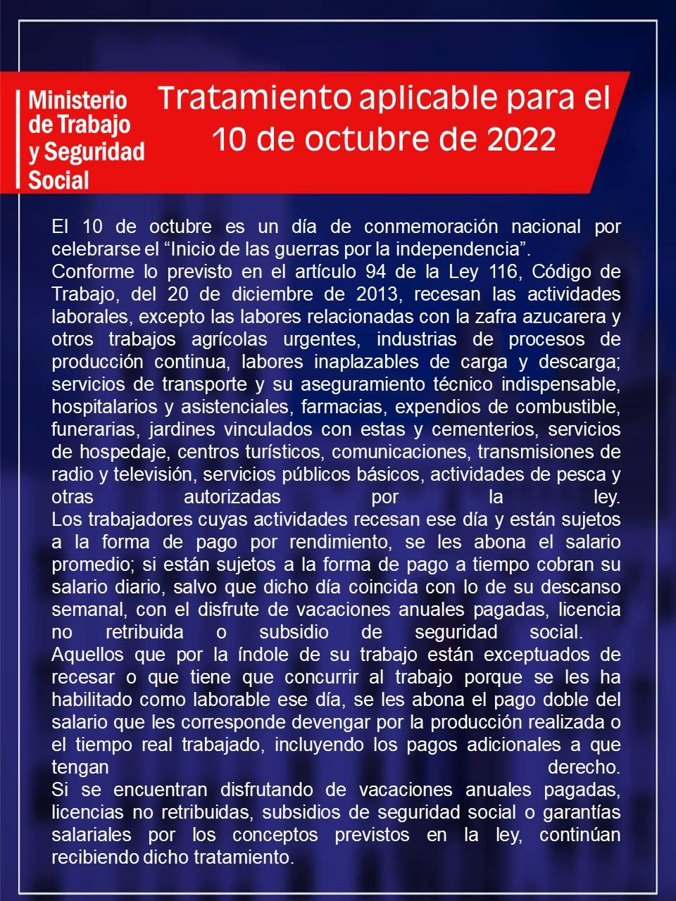 Tratamiento aplicable para el 10 de octubre de 2022